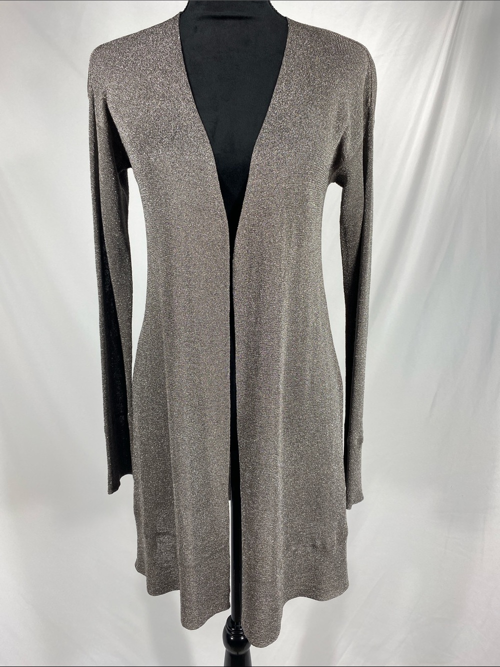 Chico's Longline Open-Front Gray Metallic Duster Cardigan Sweater Medium 1